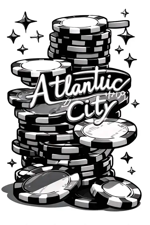 do the Atlantic City neon sign, playing chips stacked and tiny sparkles and stars tattoo design idea