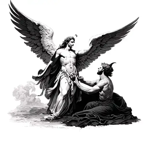 The angel Raphael in the upper right corner wants to reach out to save Lucifer in the lower left cornerAngel Raphael (h tattoo design idea