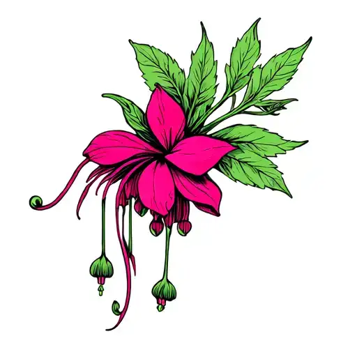 Art nouveau tattoo design of a fuchsia flower with leaves and long hanging sepals, simple drawing, vintage style,  tattoo design idea