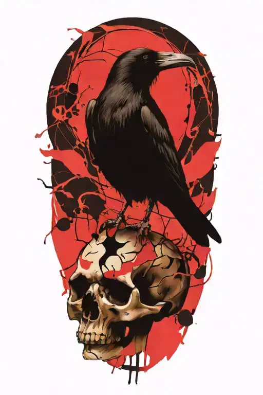 Raven perched on skull tattoo design idea