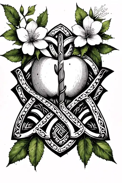 Celtic knot with saguaro cactus and apple blossom tattoo design idea