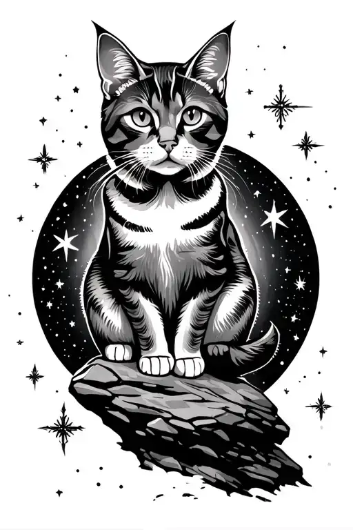 Symbolism: A cat sitting on a rock at night, against the background of the starry sky and Slavic Vyazi tattoo design idea