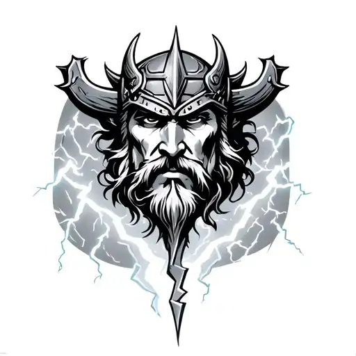 face of Odin surrounded by lightning, passing a lightning bolt down to Thor tattoo design idea