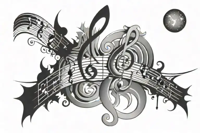 spinal tatoo featuring music note, planet, stars, waves,music tattoo design idea