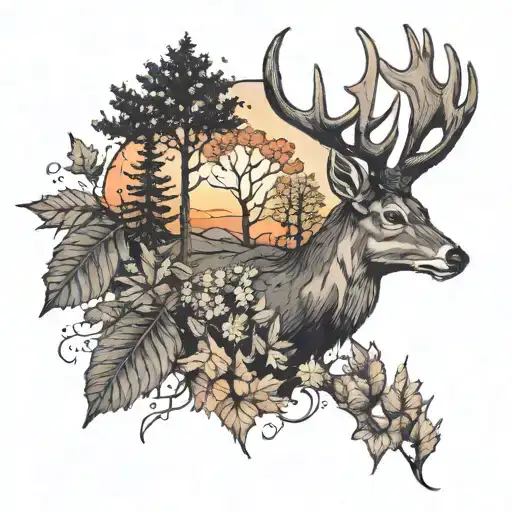 deer in tricep with maple leaves and trees colors sunset tattoo design idea