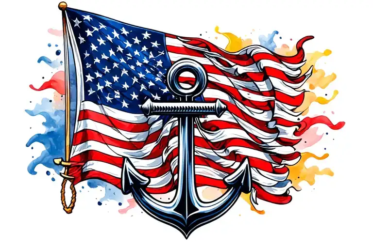 Navy Anchor combined with American flag waving tattoo design idea