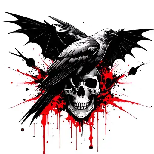 A dark blackwork tattoo of a raven perched on a skull with bat wings in the style of Avenged Sevenfold logo — hyper deta tattoo design idea