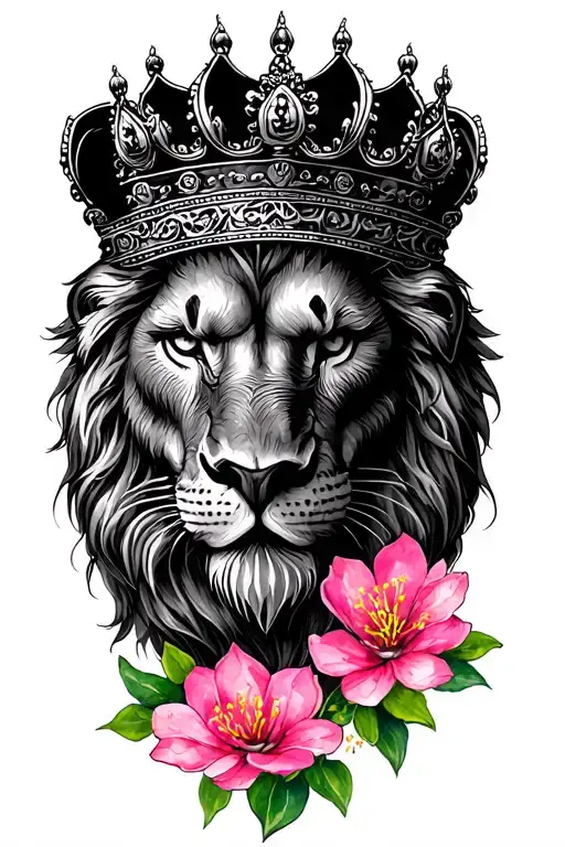 CROWNED LION HEAD ON CHERRY BLOSSOM WITH WATERCOLOR tattoo design idea