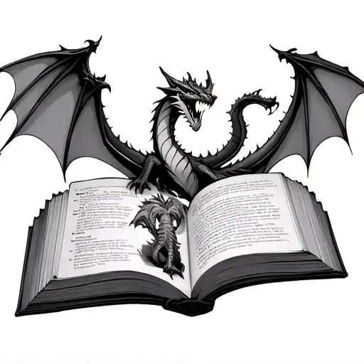 a book open with dragon emerging with harry potter stuff and pokemon stuff and zelda stuff tattoo design idea