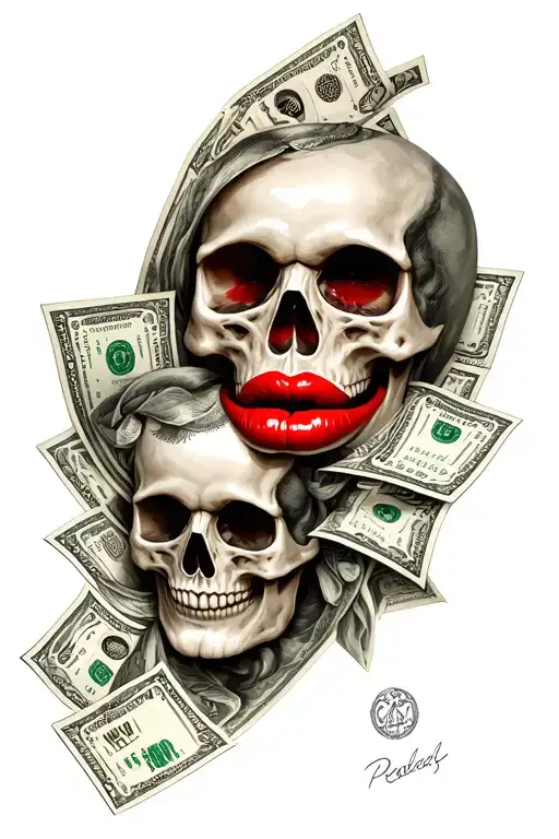 red lips money skull tattoo design idea