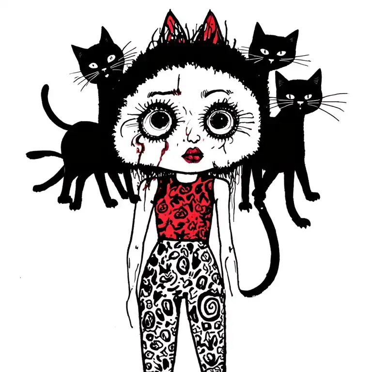 woman punk with gang of cats tattoo design idea