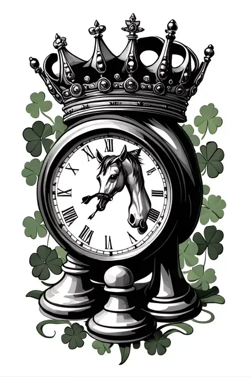 clock horse chess piece and crown above with 4 leaf clover surrounding  tattoo design idea
