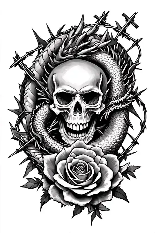 skulls, roses, cross, barbed wire, dragon tattoo design idea