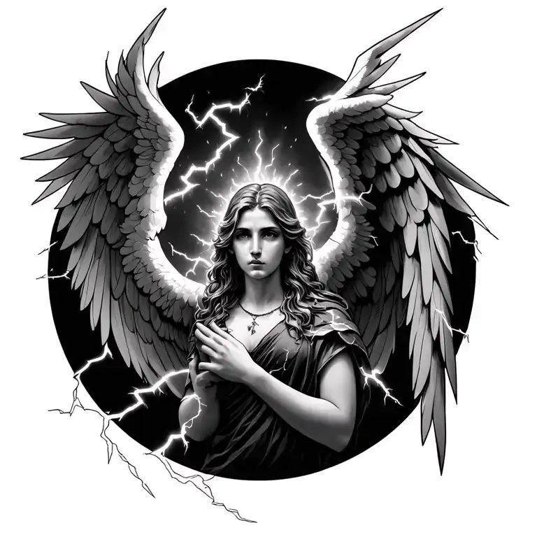 seraph angel surrounded by lightning bolts tattoo design idea