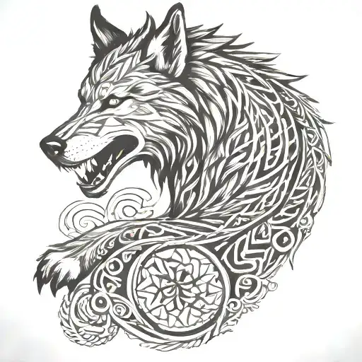 A fenrir perched on runes with intricate line work, and viking rune and skulls  patterns woven into fur. long shaped tattoo design idea