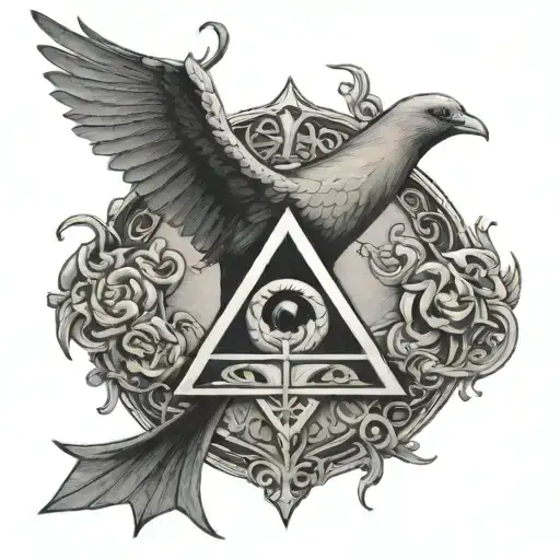 (cross with a snake entwined around it), (all-seeing eye in the top right corner), (doves perched on the top left side), tattoo design idea