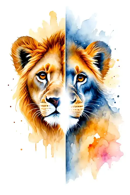 boy and girl lion cubs half face with bright diamond in the middle tattoo design idea