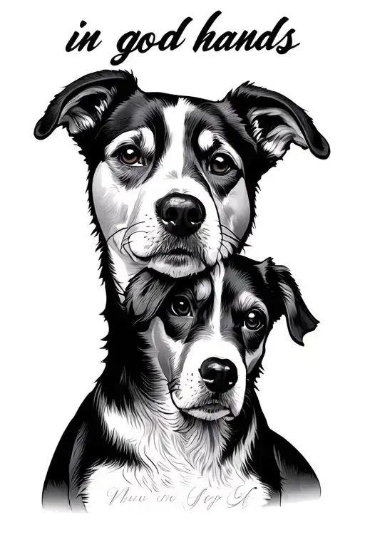 memory of person with a dog, inclusive  a text saying "in god hands" tattoo design idea