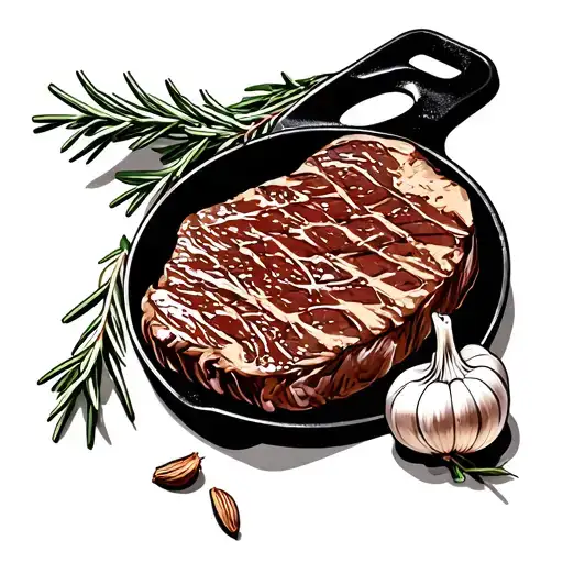 a steak, a clove of garlic, a sprig of rosemary and a cast iron pan in black and white ink. tattoo design idea