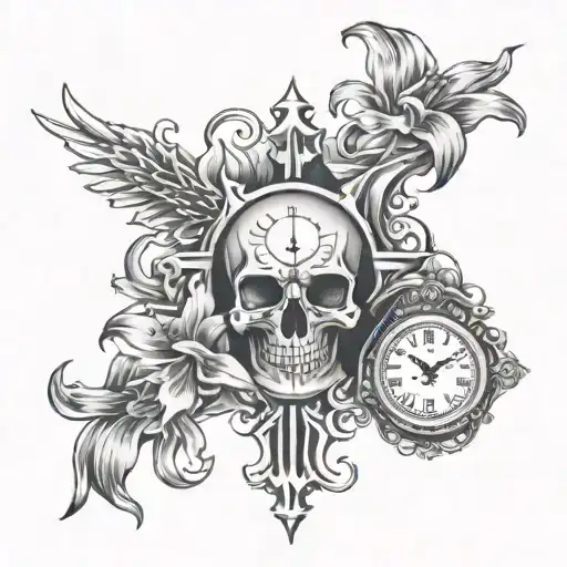 triple cross with lillies wrapping and a skull and a clock tattoo design idea