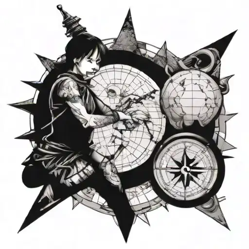 A fierce and independent female warrior exploring the world on a vintage map compass tattoo tattoo design idea