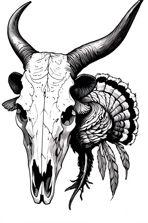 1/2 sleeve tattoo with Longhorn cow skull, feathers and turkey desgned in. more minimalist tattoo design idea