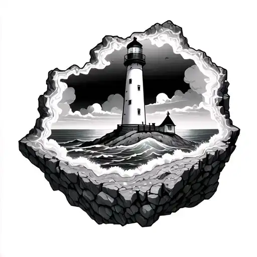 Lighthouse on top of an open geode tattoo design idea