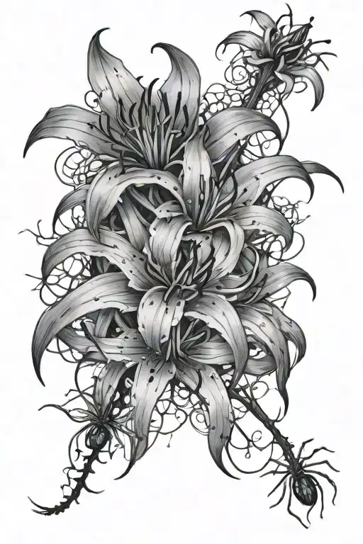 spider lilly flower with multiple spiders and covered in cobwebs tattoo design idea