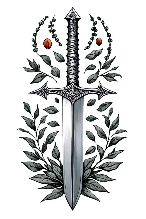 sword, spear, and lentil leaves around it tattoo design idea