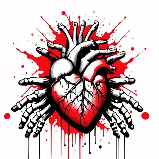 human heart between skeleton and human hands tattoo design idea