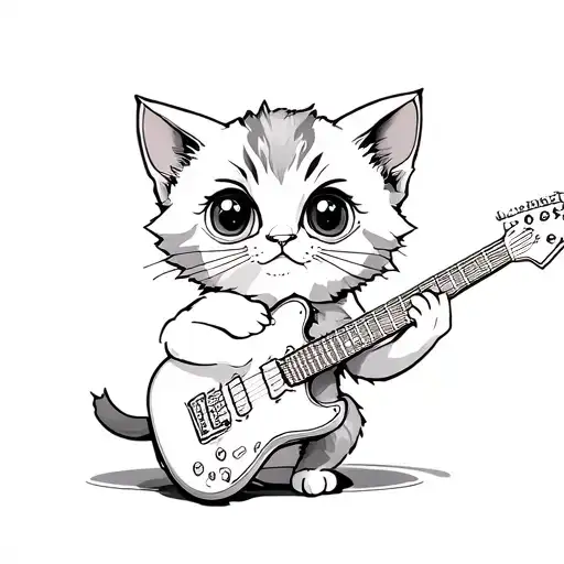 a chunky, wide-eyed kitten jamming on an electric guitar like a rockstar tattoo design idea