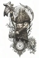 viking with an axe and a lion and a book and a clock and yggdrasil tattoo design idea