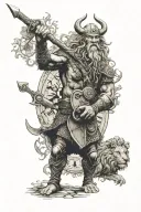 viking with an axe and a lion and a book and a clock and yggdrasil tattoo design idea