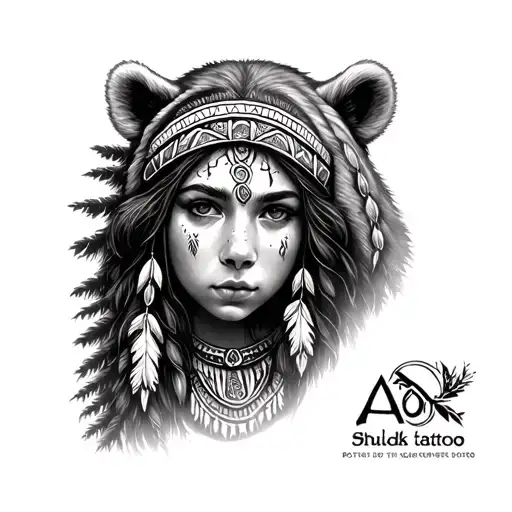 arm sleeve tattoo of forest with native girl with bear head tattoo design idea