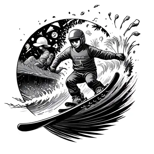 Skier surfing a wave filled with childhood objects tattoo design idea