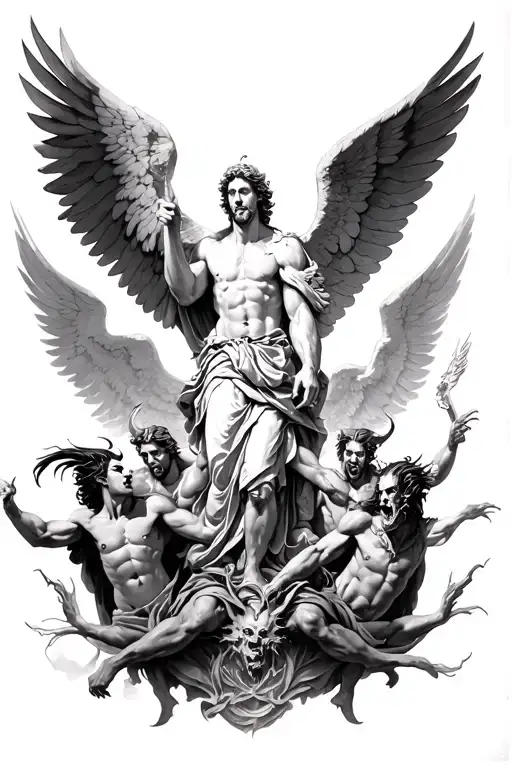 Battle of good vs evil. With Michael the acrchangele at the center on the top of forearm. In background angels and demon tattoo design idea