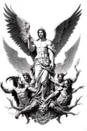 Battle of good vs evil. With Michael the acrchangele at the center on the top of forearm. In background angels and demon tattoo design idea