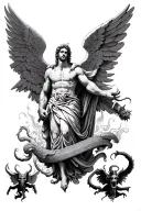 Battle of good vs evil. With Michael the acrchangele at the center on the top of forearm. In background angels and demon tattoo design idea