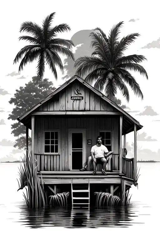 Florida swamp with people sitting on a porch of a cracker shack tattoo design idea