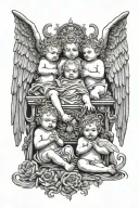 3 Baby Angels and 1 Devil in a throne tattoo design idea