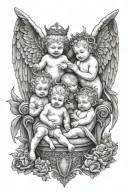 3 Baby Angels and 1 Devil in a throne tattoo design idea