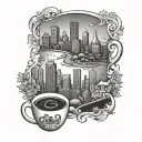 A skyline of Dallas with a coffee cup as the central focus, blending the client's favorite things into one unique design tattoo design idea