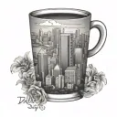 A skyline of Dallas with a coffee cup as the central focus, blending the client's favorite things into one unique design tattoo design idea