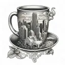 A skyline of Dallas with a coffee cup as the central focus, blending the client's favorite things into one unique design tattoo design idea