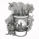 A skyline of Dallas with a coffee cup as the central focus, blending the client's favorite things into one unique design tattoo design idea