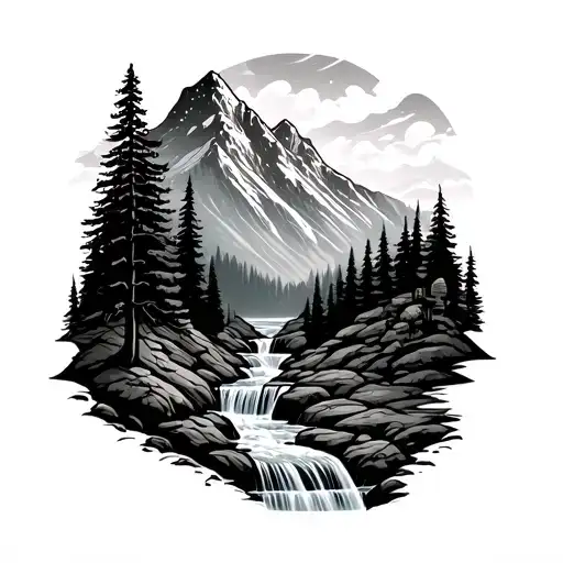 A landscape tattoo featuring a mountain with a waterfall into a river and some trees tattoo design idea