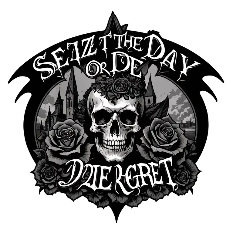 "Seize the Day or Die Regret" Death Bat with Roses and gothic churches tattoo design idea