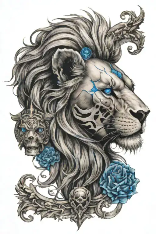 skull, lion, sagittarius, blue eyes tattoo design idea