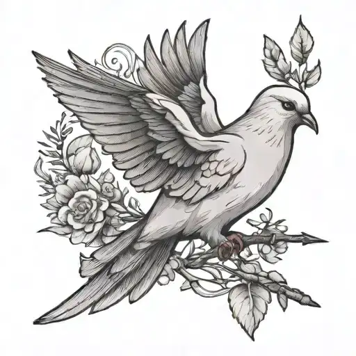 A dove carrying an arrow in its beak, symbolizing both peace and hunting tattoo design idea