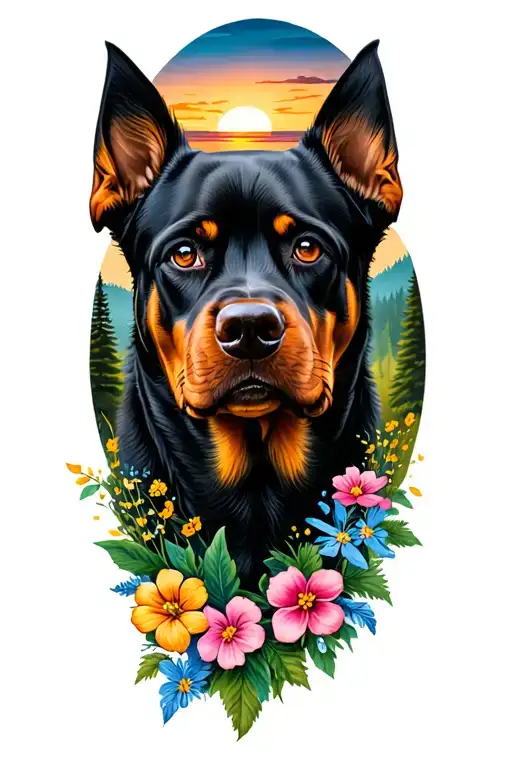 "Bruno" A rottweilers face looking off to side with a sunset background and forest and flowers around it tattoo design idea